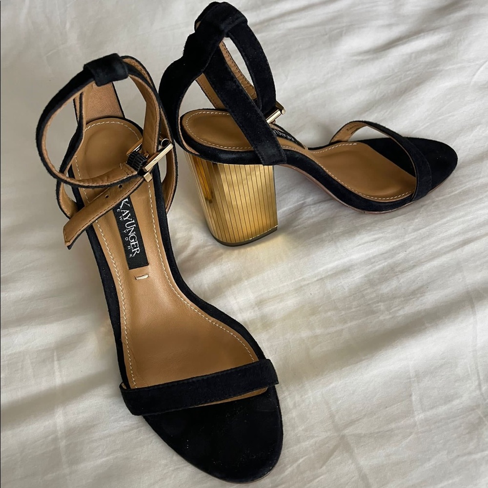 NEW! Kay Unger Zander Black & Gold Ankle Strap Heels (size 5.5M)